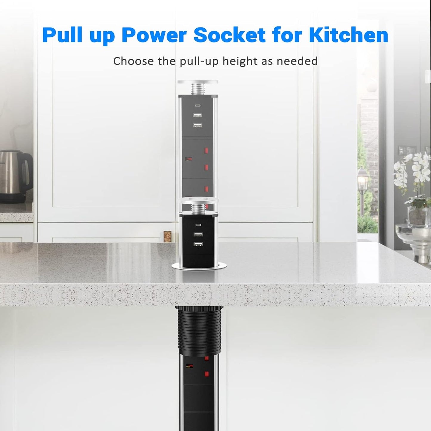 Pull up Power Strip with 3 USB, Ohuo Extension Lead Pull up Socket 3 Outlet with USB C for Kitchen Worktop Office Desk, 1,8m Cable Black
