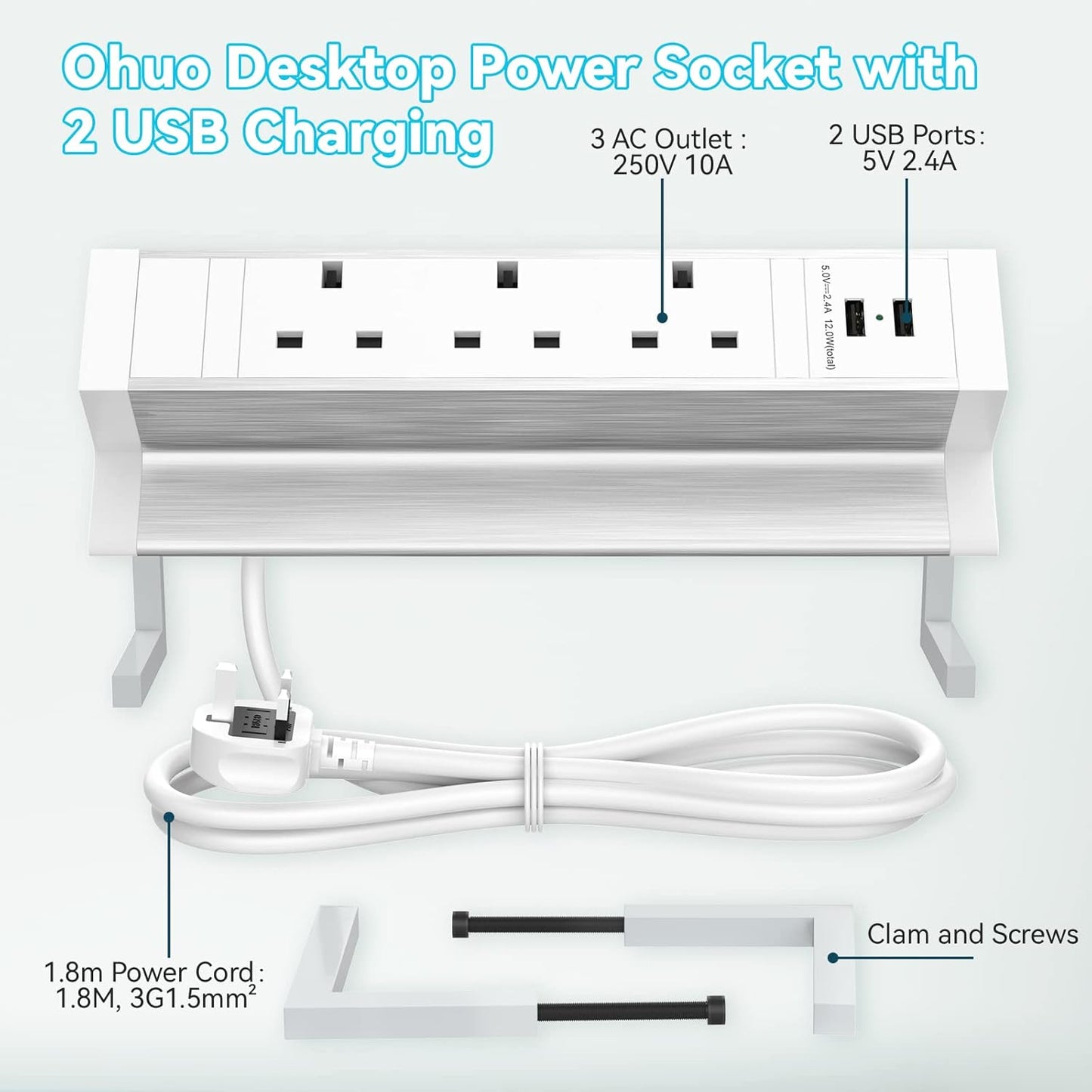 Desktop Power Strip Extension Lead 3 Way with 2 USB, Ohuo Desk Clamp Power Socket Aluminum, Home Office Power Extension 3-Outlet, 1,8m Cord