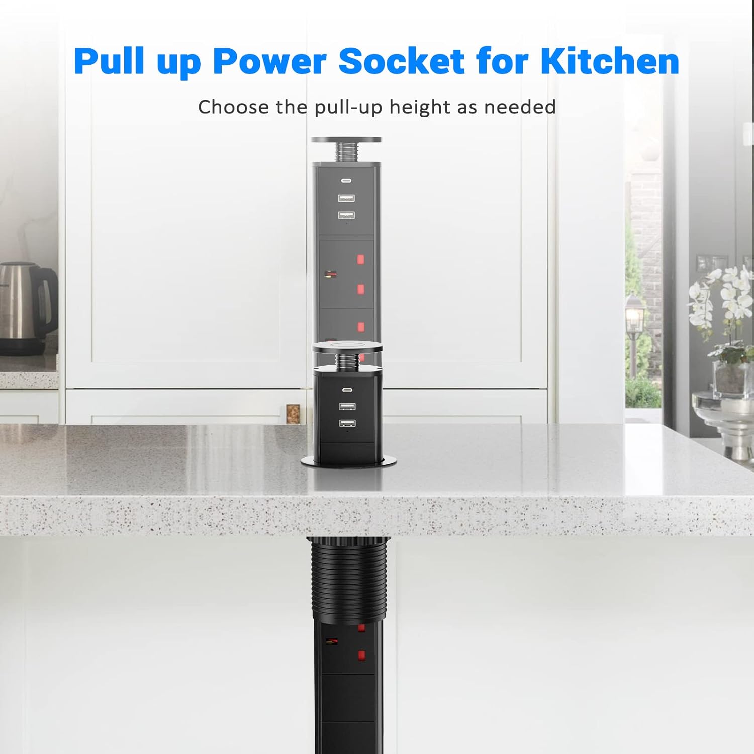 Pull up Power Strip with 3 USB, Ohuo Extension Lead Pull up Socket 3 Outlet with USB C for Kitchen Worktop Office Desk, 1,8m Cable Black