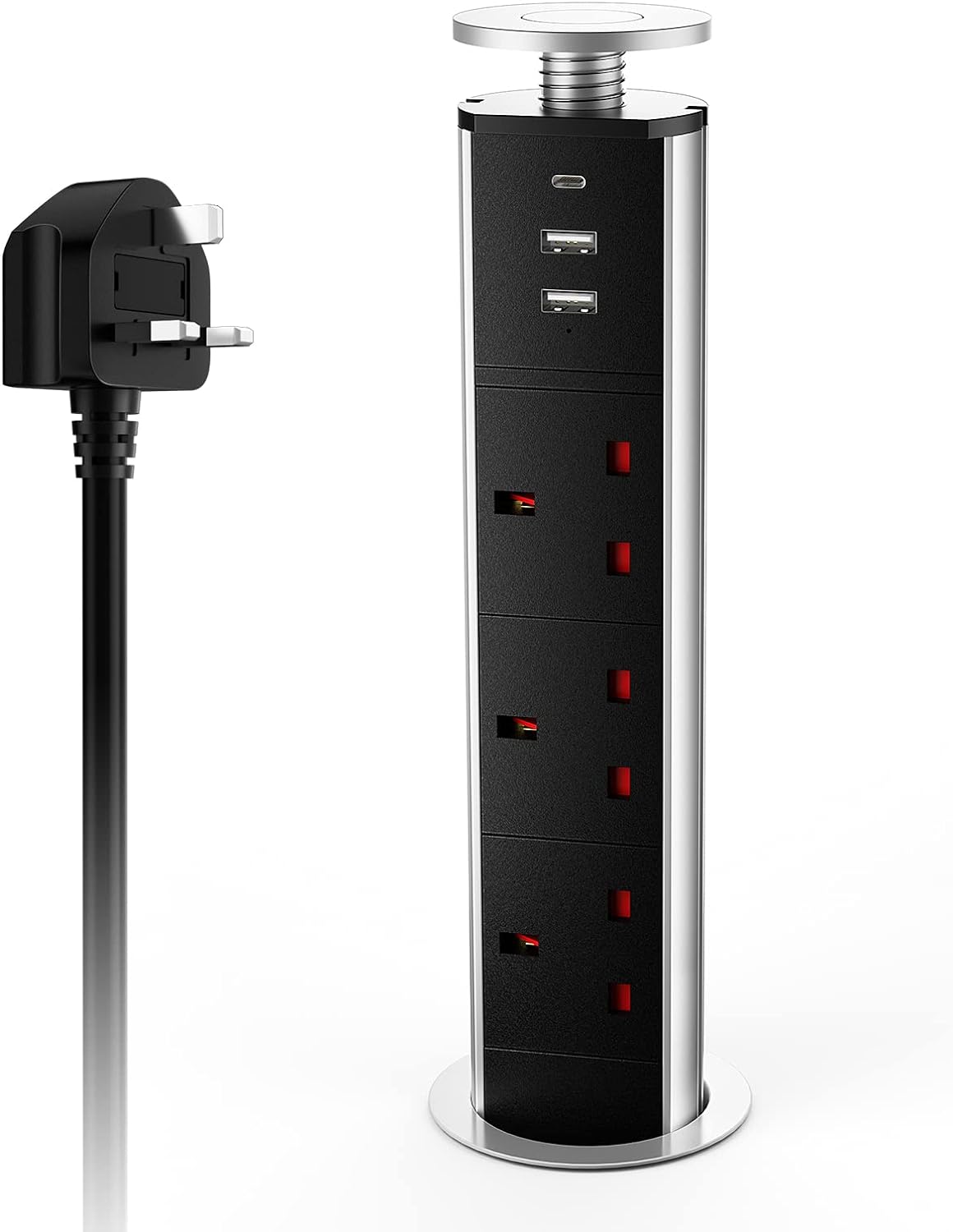 Pull up Power Strip with 3 USB, Ohuo Extension Lead Pull up Socket 3 Outlet with USB C for Kitchen Worktop Office Desk, 1,8m Cable Black