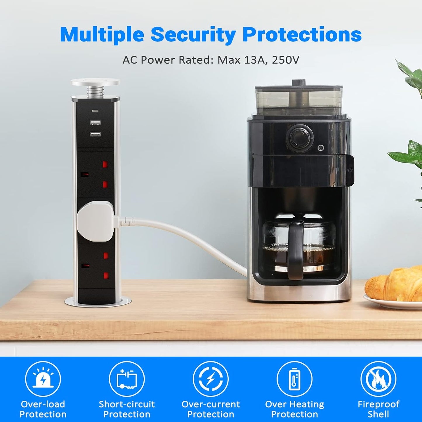 Pull up Power Strip with 3 USB, Ohuo Extension Lead Pull up Socket 3 Outlet with USB C for Kitchen Worktop Office Desk, 1,8m Cable Black