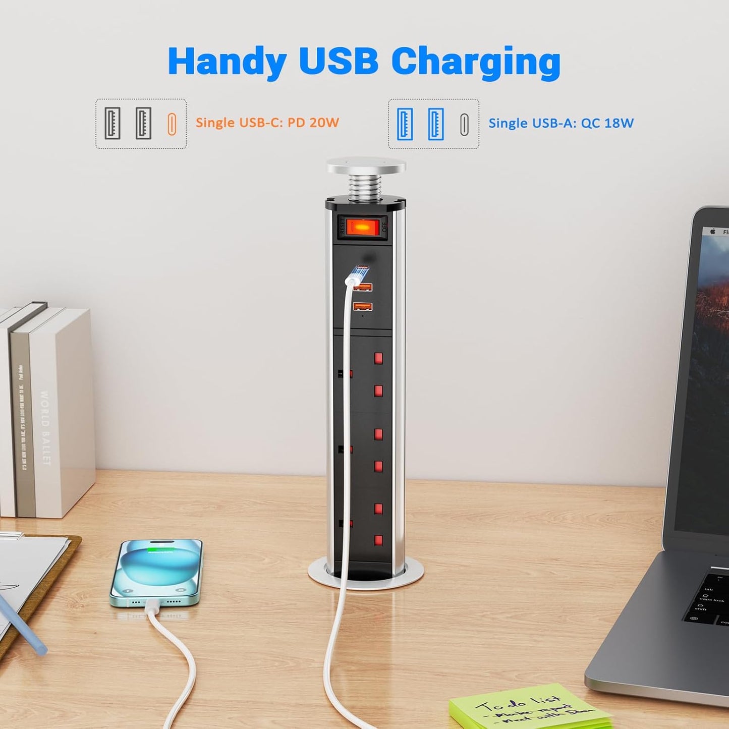 Pull up Power Strip with Switch, Ohuo Pull up Power Sockets with USB C PD 20W and 2 USB-A Ports, 60MM Silver