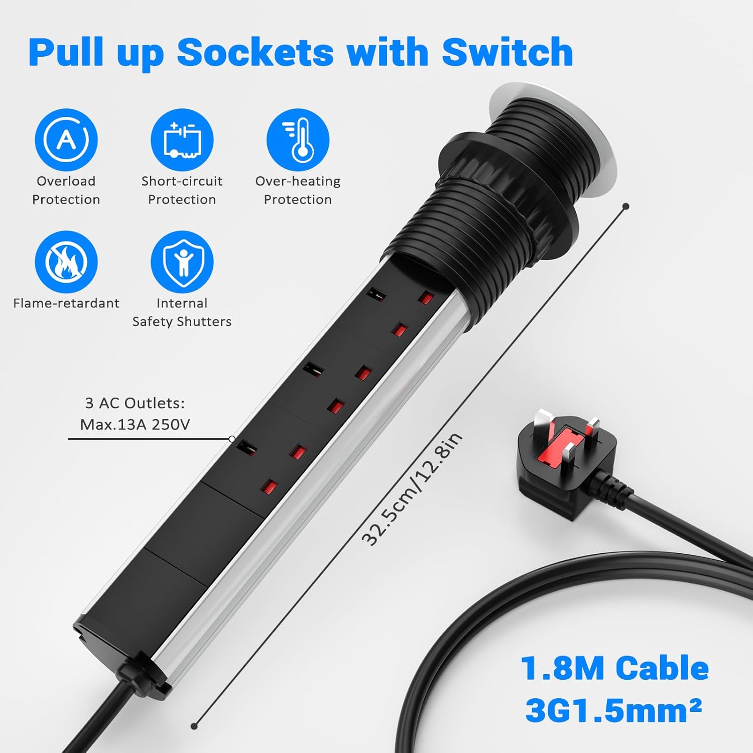 Pull up Power Strip with Switch, Ohuo Pull up Power Sockets with USB C PD 20W and 2 USB-A Ports, 60MM Silver