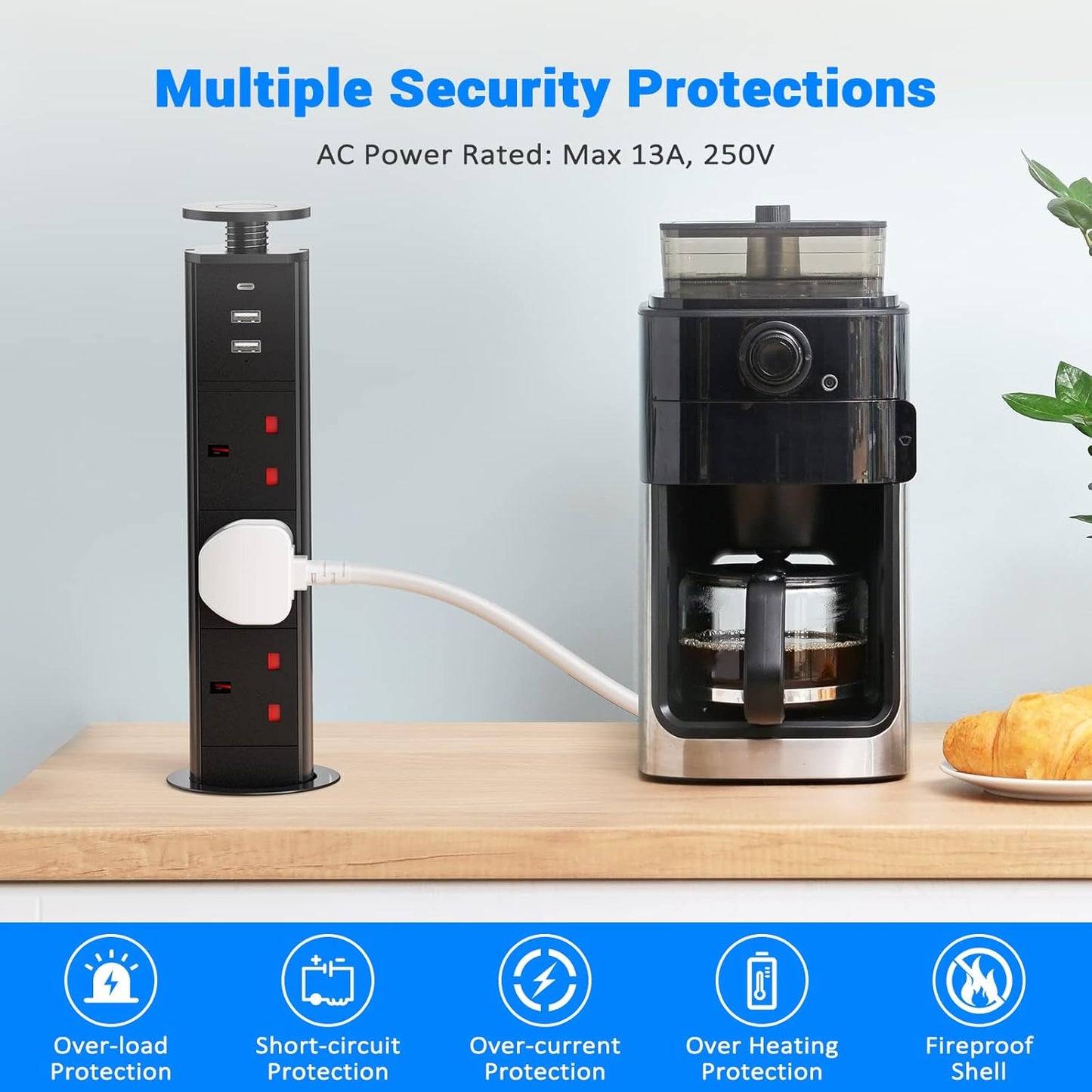 Pull up Power Strip with 3 USB, Ohuo Extension Lead Pull up Socket 3 Outlet with USB C for Kitchen Worktop Office Desk, 1,8m Cable Black
