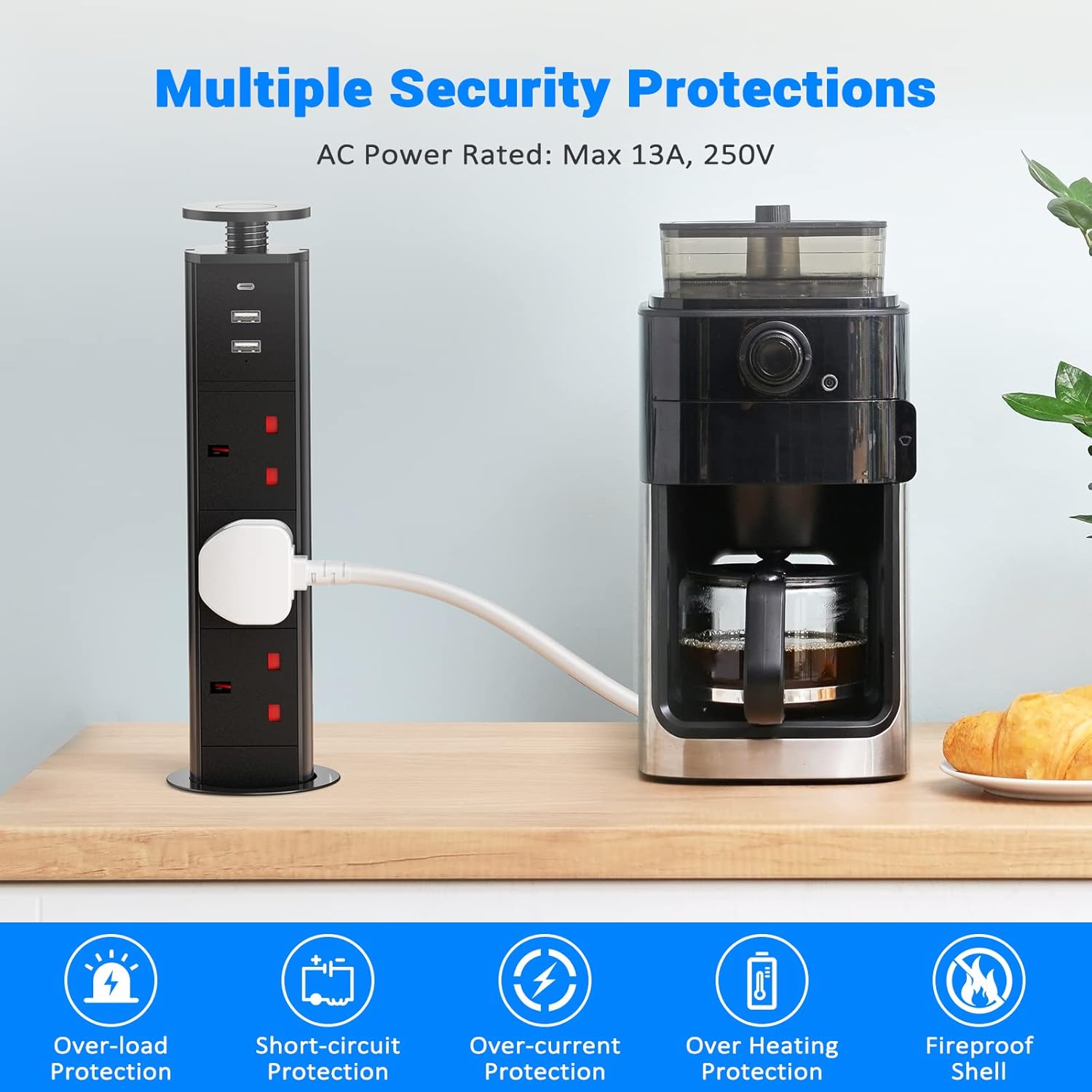 Pull up Power Strip with 3 USB, Ohuo Extension Lead Pull up Socket 3 Outlet with USB C for Kitchen Worktop Office Desk, 1,8m Cable Black