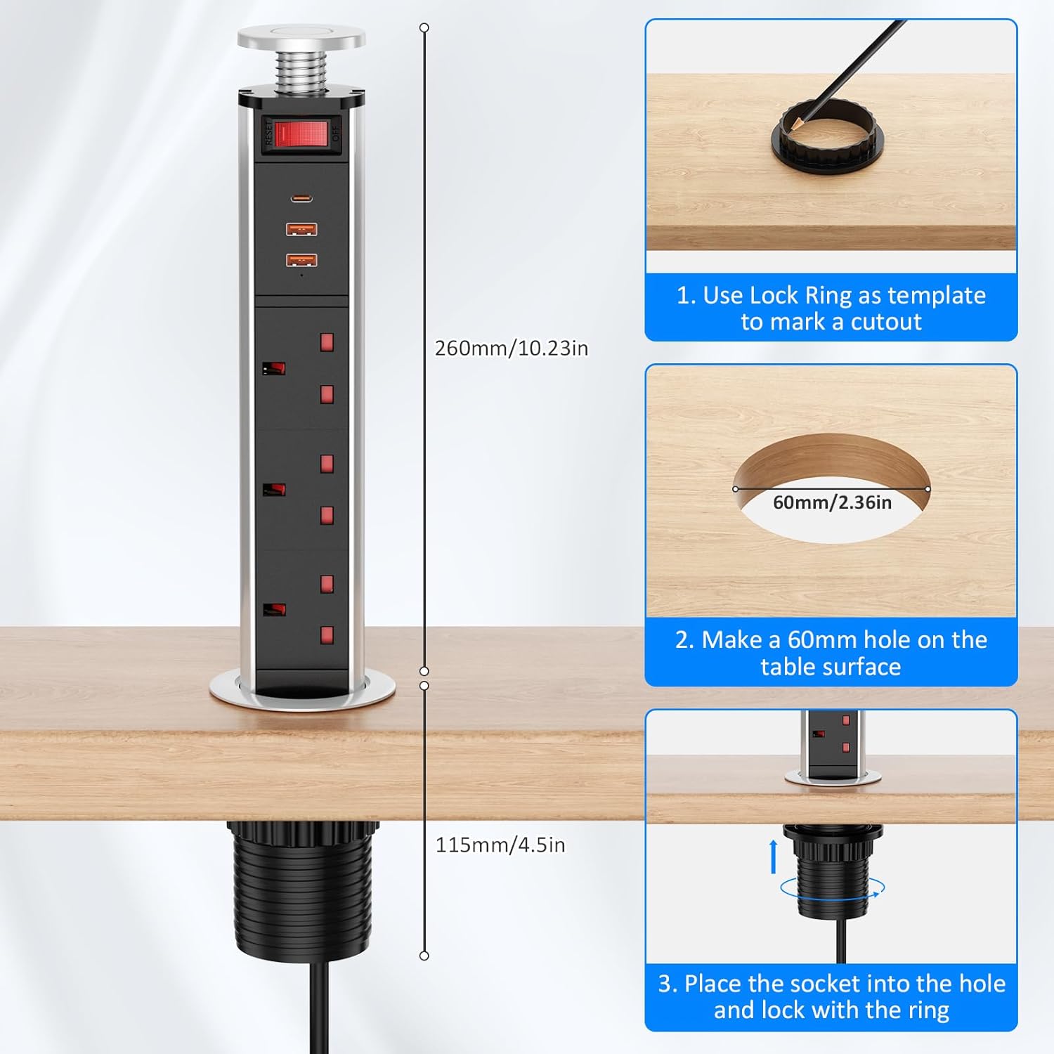 Pull up Power Strip with Switch, Ohuo Pull up Power Sockets with USB C PD 20W and 2 USB-A Ports, 60MM Silver