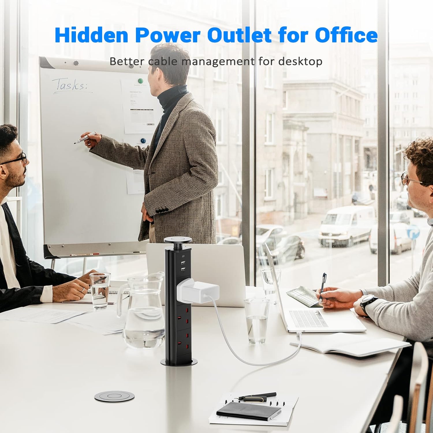 Pull up Power Strip with 3 USB, Ohuo Extension Lead Pull up Socket 3 Outlet with USB C for Kitchen Worktop Office Desk, 1,8m Cable Black