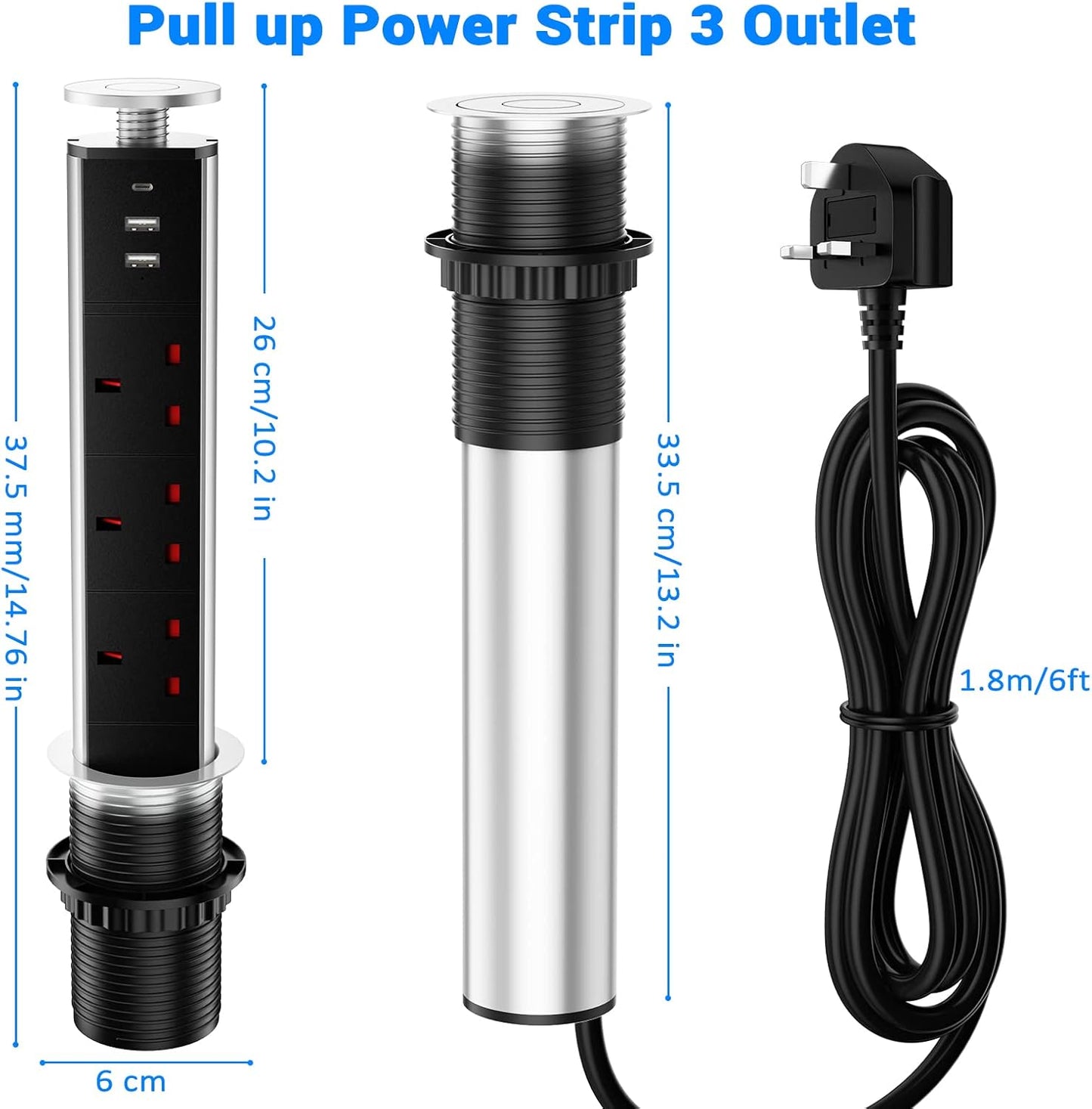 Pull up Power Strip with 3 USB, Ohuo Extension Lead Pull up Socket 3 Outlet with USB C for Kitchen Worktop Office Desk, 1,8m Cable Black