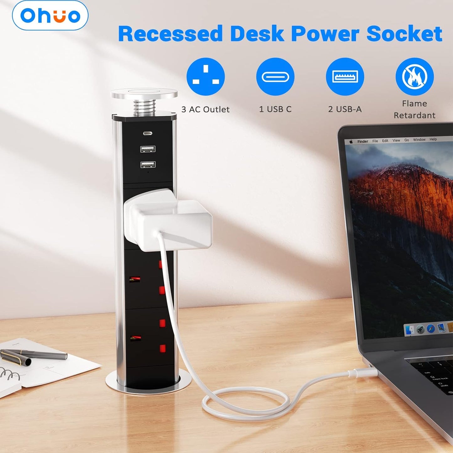 Pull up Power Strip with 3 USB, Ohuo Extension Lead Pull up Socket 3 Outlet with USB C for Kitchen Worktop Office Desk, 1,8m Cable Black