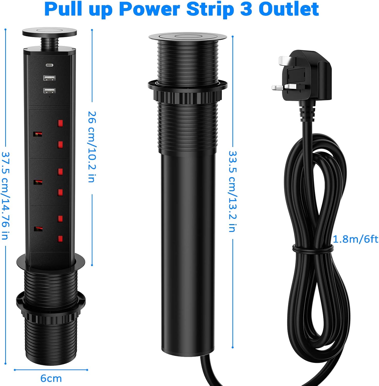 Pull up Power Strip with 3 USB, Ohuo Extension Lead Pull up Socket 3 Outlet with USB C for Kitchen Worktop Office Desk, 1,8m Cable Black