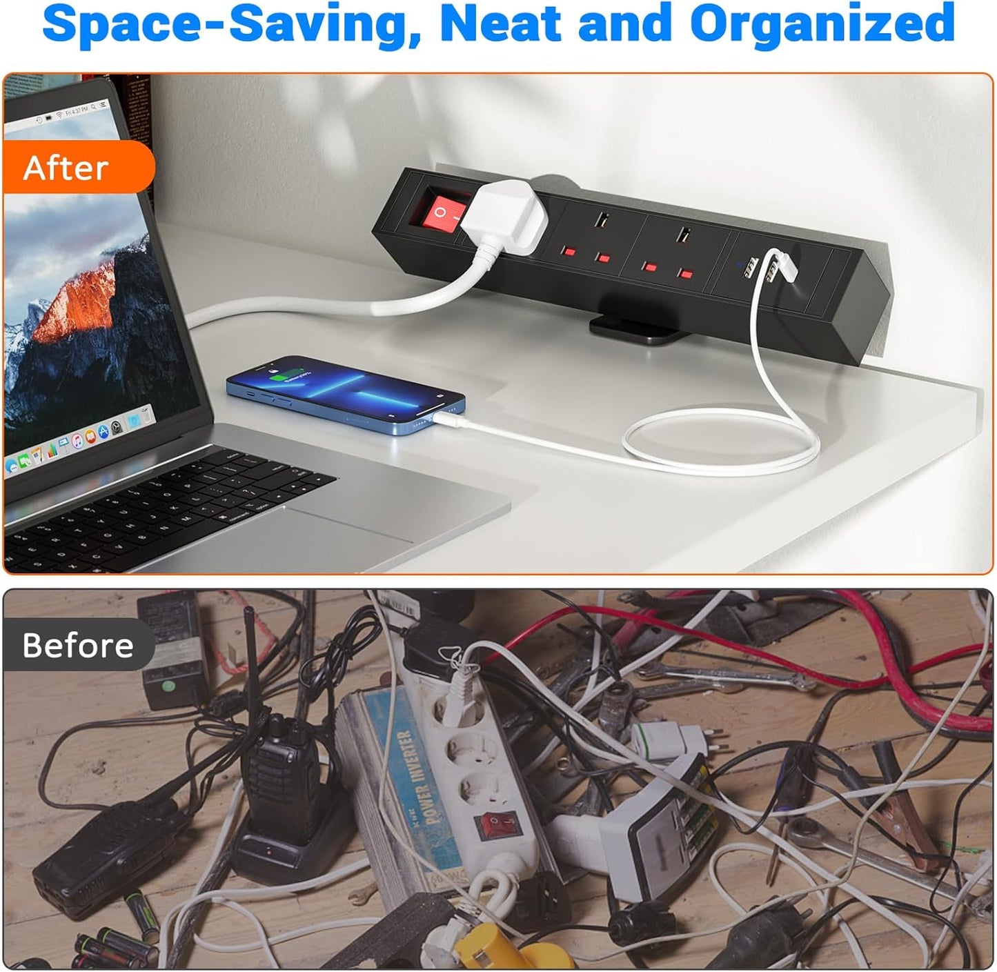 Extension Lead 3 Way Power Strip USB C PD 20W, Ohuo Desktop Power Sockets with USB C and USB A Ports, Desk Power Socket