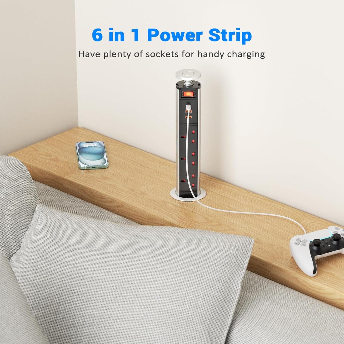 Pull up Power Strip with Switch, Ohuo Pull up Power Sockets with USB C PD 20W and 2 USB-A Ports, 60MM Silver
