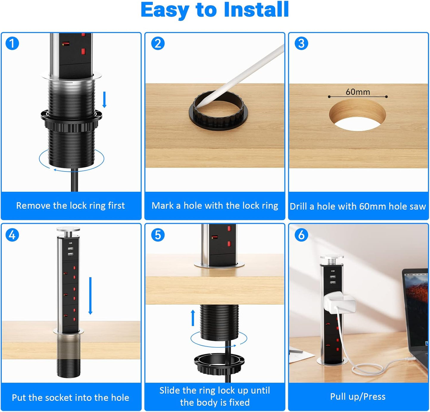 Pull up Power Strip with 3 USB, Ohuo Extension Lead Pull up Socket 3 Outlet with USB C for Kitchen Worktop Office Desk, 1,8m Cable Black