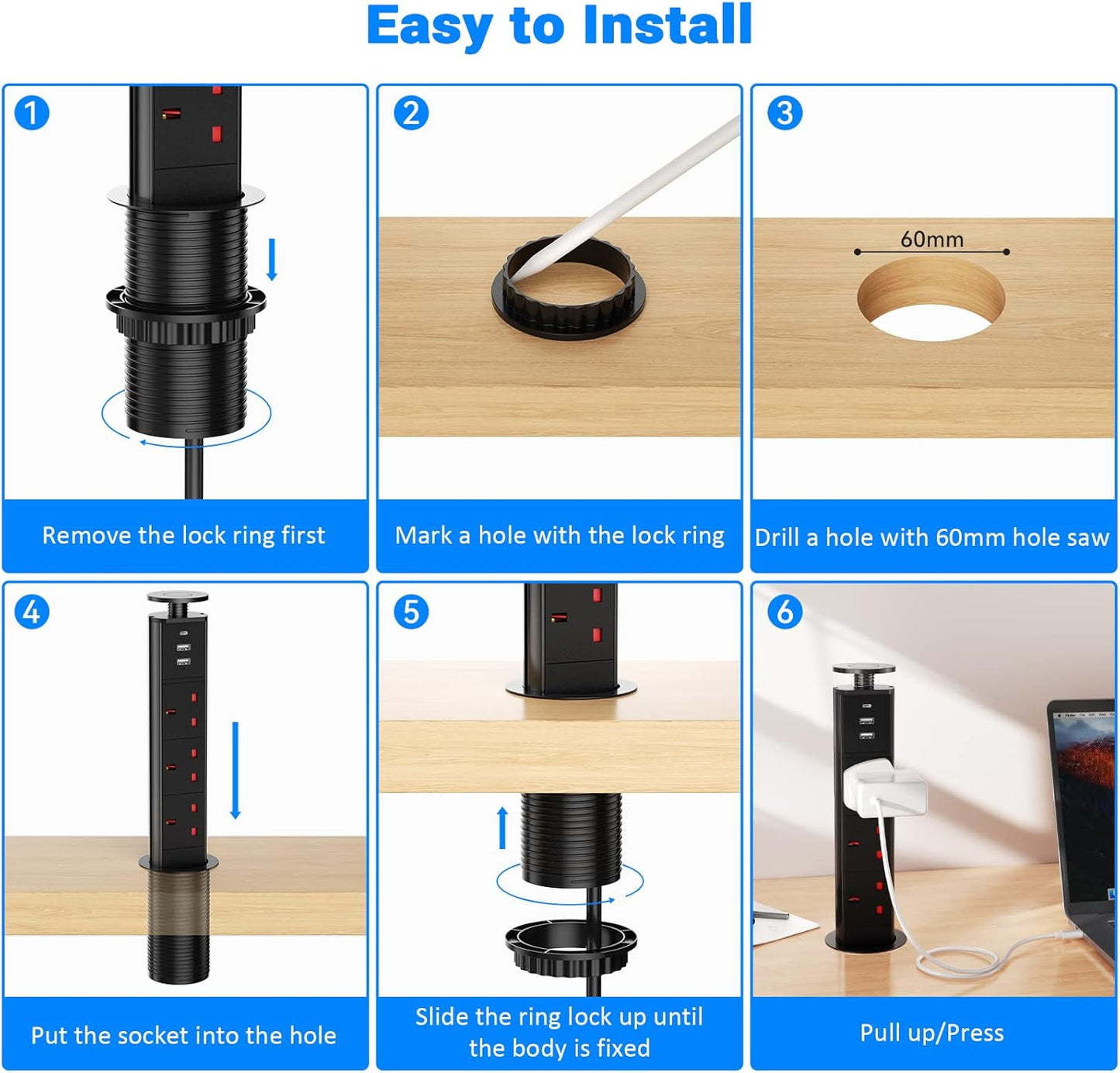 Pull up Power Strip with 3 USB, Ohuo Extension Lead Pull up Socket 3 Outlet with USB C for Kitchen Worktop Office Desk, 1,8m Cable Black