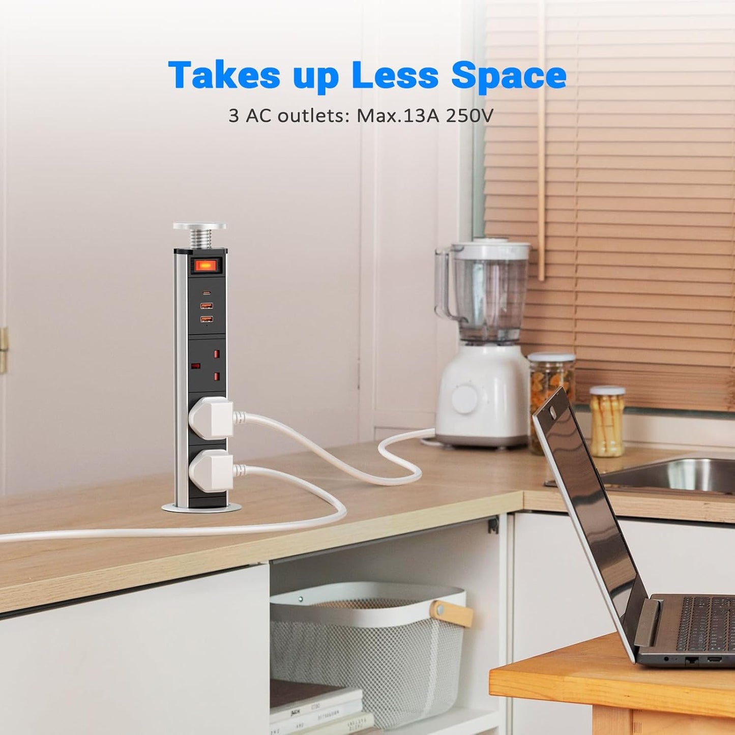 Pull up Power Strip with Switch, Ohuo Pull up Power Sockets with USB C PD 20W and 2 USB-A Ports, 60MM Silver