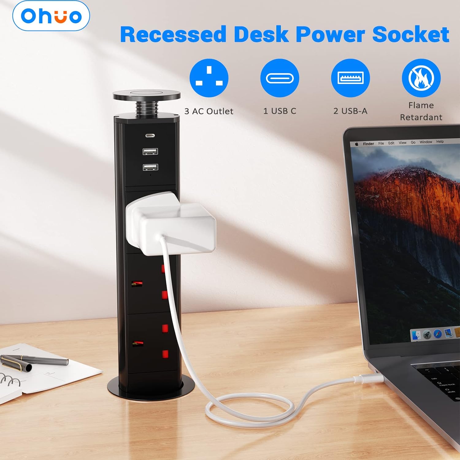 Pull up Power Strip with 3 USB, Ohuo Extension Lead Pull up Socket 3 Outlet with USB C for Kitchen Worktop Office Desk, 1,8m Cable Black