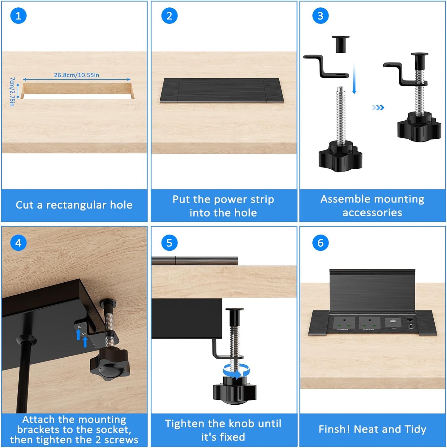 Desk Power Sockets with USB C, Ohuo Recessed Power Strip with 2 USB Slots, HDMI and CAT6 Port for Conference Room Home Office, 2m Extension Cord