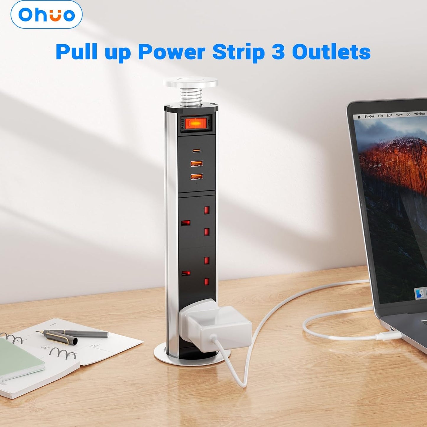 Pull up Power Strip with Switch, Ohuo Pull up Power Sockets with USB C PD 20W and 2 USB-A Ports, 60MM Silver