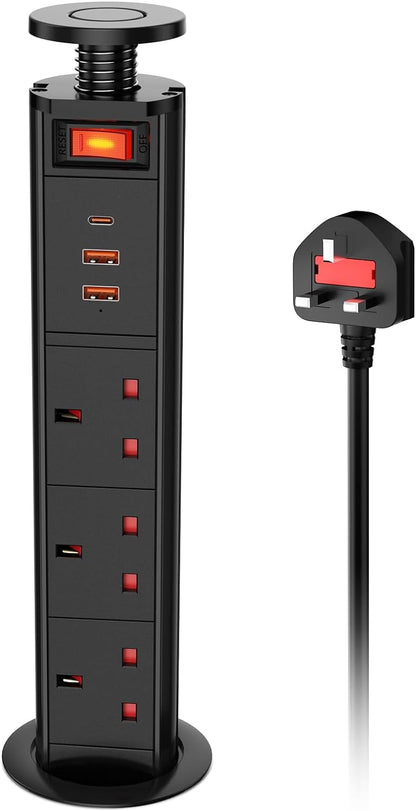 Pull up Power Strip 3 Way with USB C PD 20W and Switch, Ohuo Pull up Power Sockets with 3 USB Ports, Black