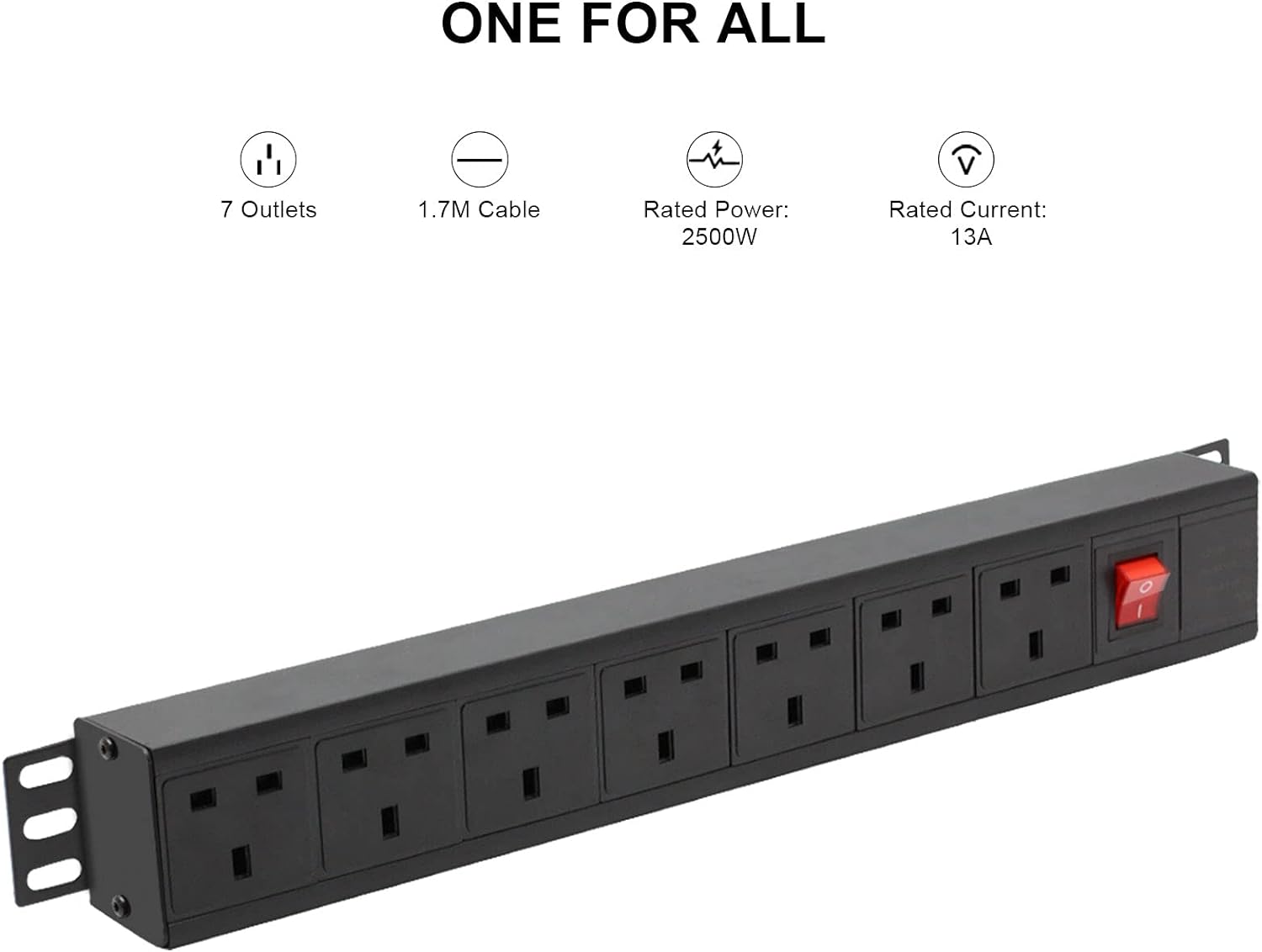 Extension Lead Power Strip, THOWALL 7 Way Extension Plug Sockets with Cable, Wall Mountable Power Socket, 13amp Power Distribution Unit Rack Mount with Mounting Brackets, Surge Protection,1,8M