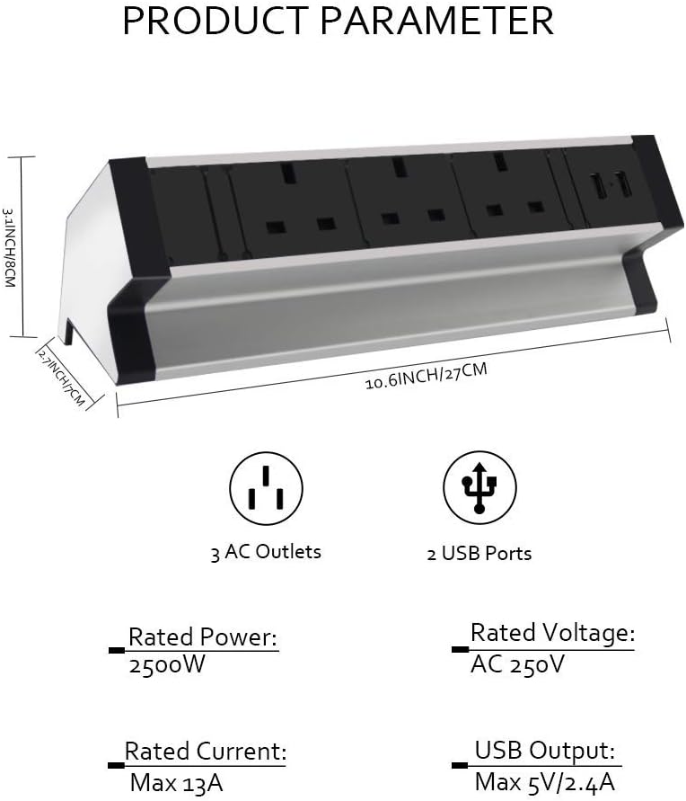 Power Strip Extension Lead 3 Way Outlet Extension Socket with 2 USB, Desktop Clamp Power Socket for Office Kitchen Worktop, 6ft Extension Cable