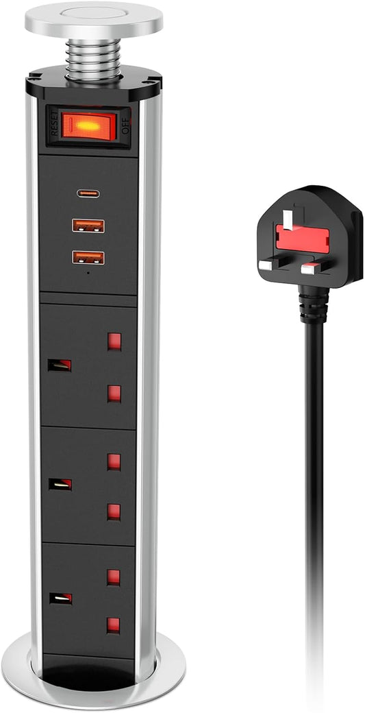 Pull up Power Strip with Switch, Ohuo Pull up Power Sockets with USB C PD 20W and 2 USB-A Ports, 60MM Silver