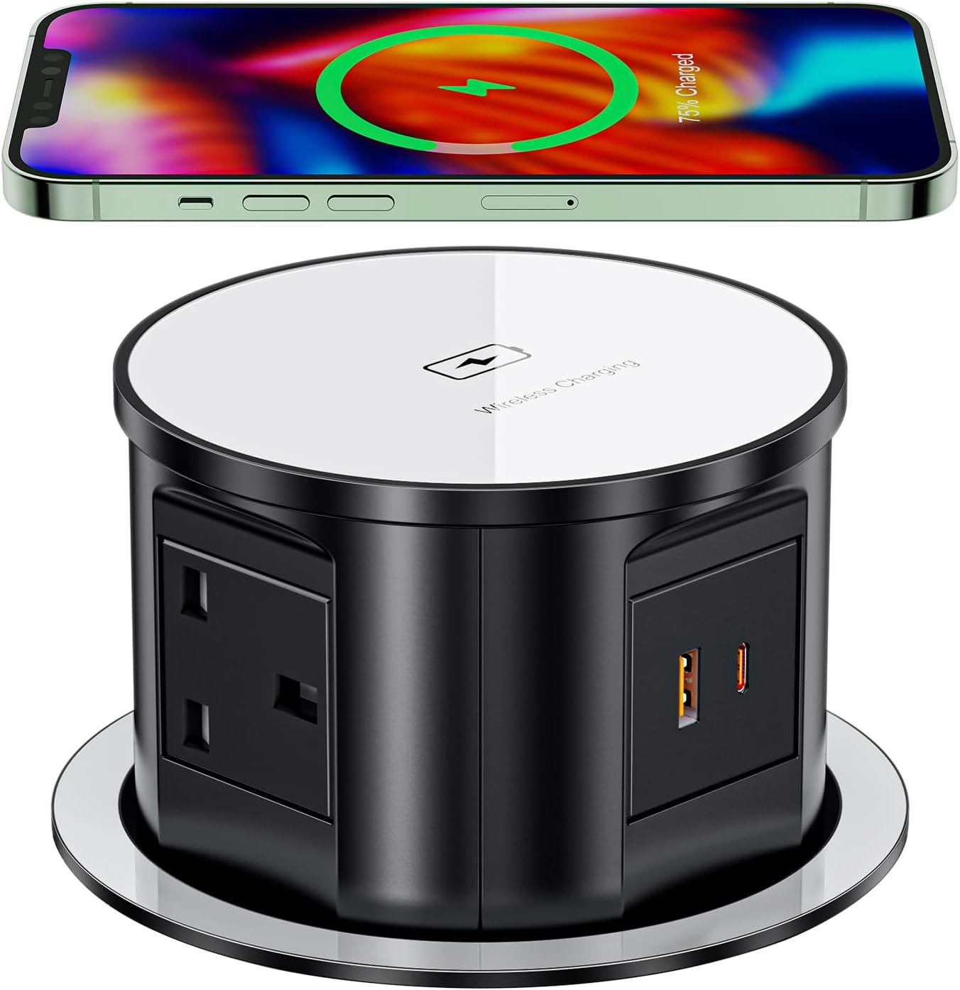 4 Outlets Pop up Socket for Kitchen Worktops, Ohuo Hidden Recessed Power Socket with Wireless Charger, 4 UK Plug, USB-C, 2m Cable