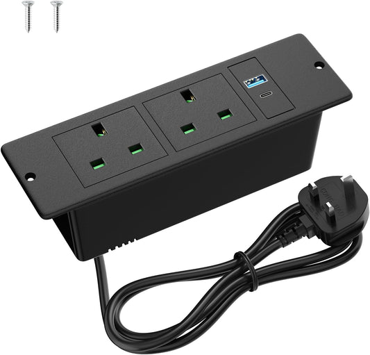 Desk Power Strip with USB C PD 20W, Ohuo Desktop Power Sockets Extension Lead with 2 USB, Recessed Power Sokcet 2 Outlets with 2m Cable