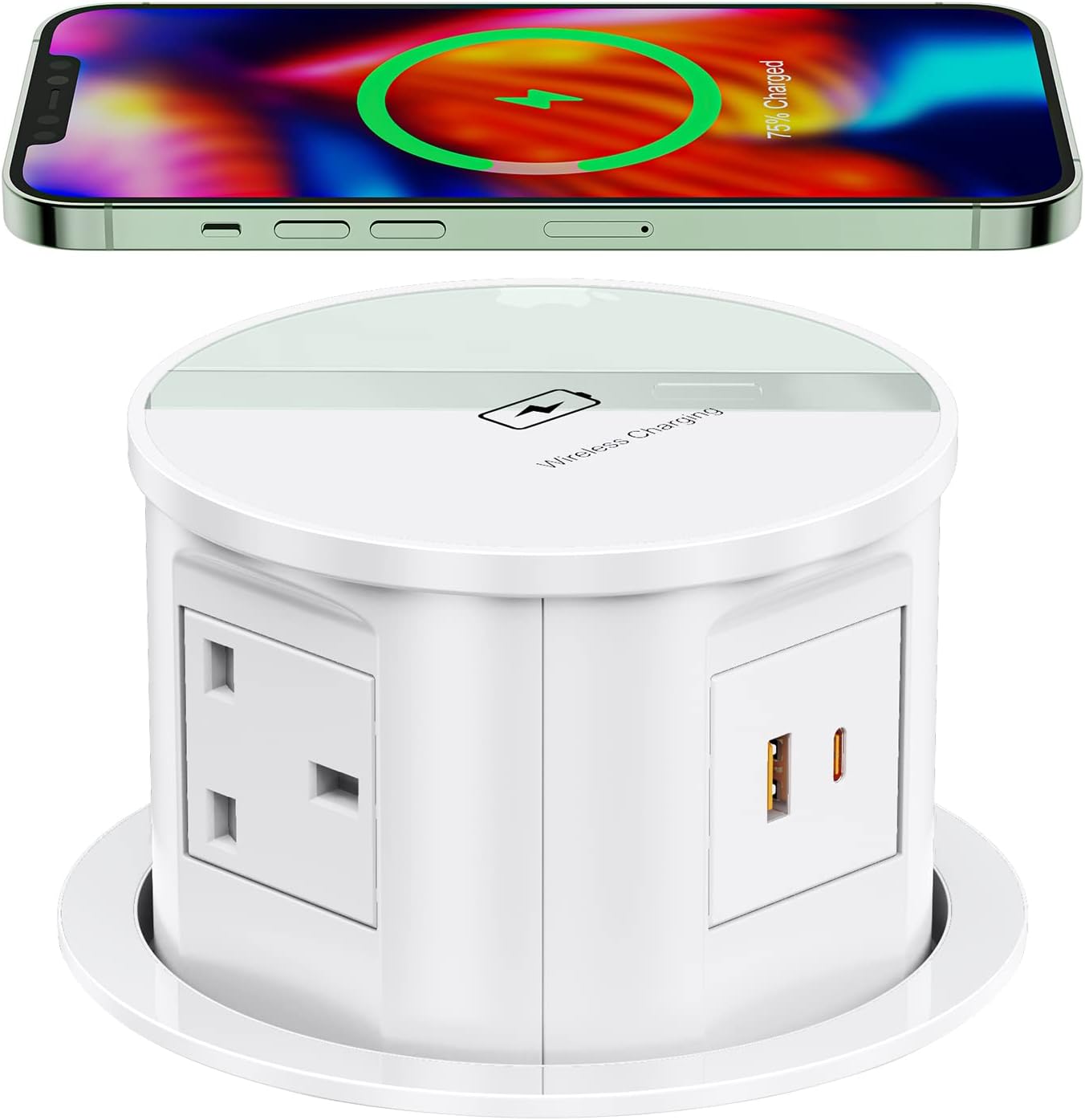 4 Outlets Pop up Socket for Kitchen Worktops, Ohuo Hidden Recessed Power Socket with Wireless Charger, 4 UK Plug, USB-C, 2m Cable