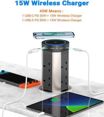 8 Outlet Pop up Socket with 75W USB-C Charging and 15W Wireless Charging, Ohuo 8 Way Pop up Power Strip for Worktops with 4 USB Ports, 100mm