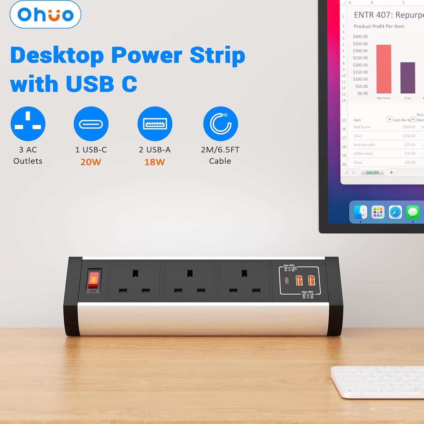 Desk Power Sockets USB C PD 20W, Ohuo Desktop Power Strip Extension Lead 3 Way with 3 USB Slots and Switch, 2m Cable