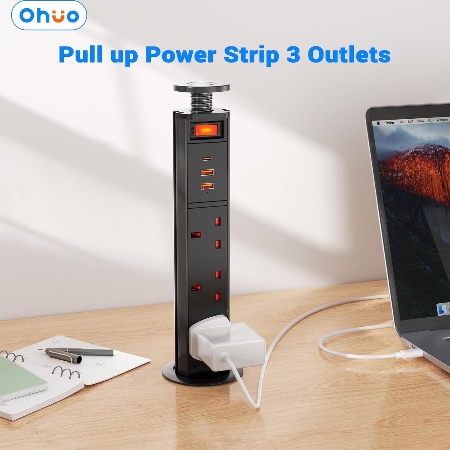 Pull up Power Strip 3 Way with USB C PD 20W and Switch, Ohuo Pull up Power Sockets with 3 USB Ports, Black