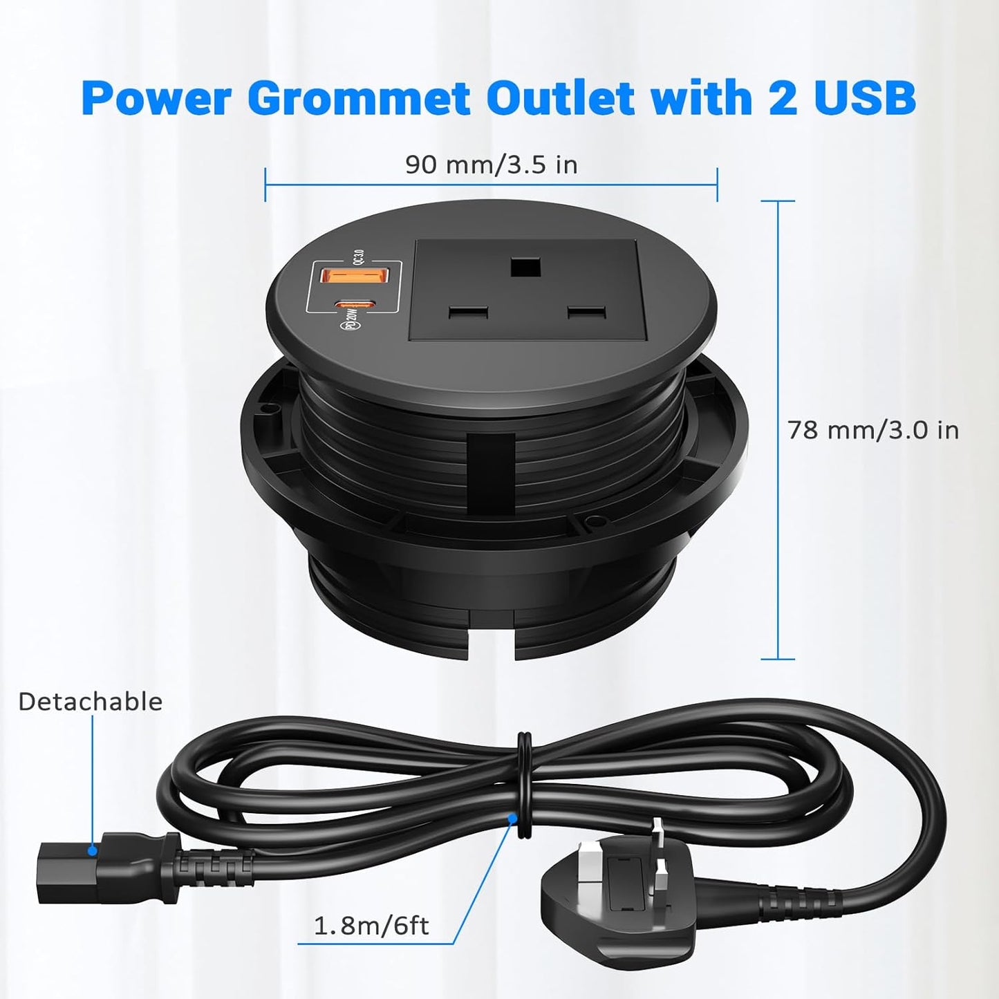 Desktop Power Strip with USB C PD 20W, Ohuo Desk Grommet Power Socket 80mm with 2 USB Ports Hidden Desk Power Socket with 1.8m/6ft Cable, Black