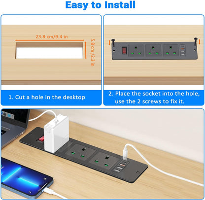 Power Strip 3 Way with USB C PD 20W, Ohuo Recessed Power Strip with 1 USB C, 3 USB-A Ports, Desktop Power Socket USB C with Power Switch