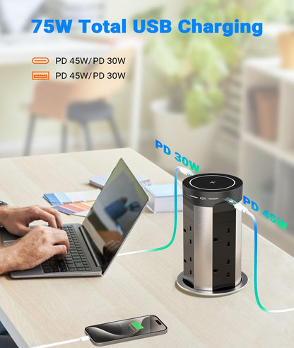 8 Outlet Pop up Socket with 75W USB-C Charging and 15W Wireless Charging, Ohuo 8 Way Pop up Power Strip for Worktops with 4 USB Ports, 100mm