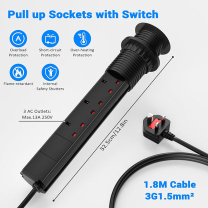 Pull up Power Strip 3 Way with USB C PD 20W and Switch, Ohuo Pull up Power Sockets with 3 USB Ports, Black