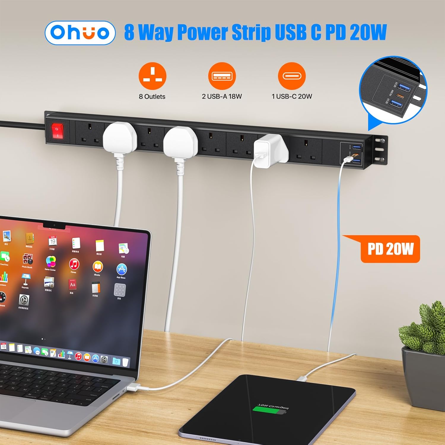 8 Way Power Strip Extension Lead USB C PD 20W, Ohuo Surge Protected Power Socket Extension with USB C and 2 USB-A Ports, Metal Casing