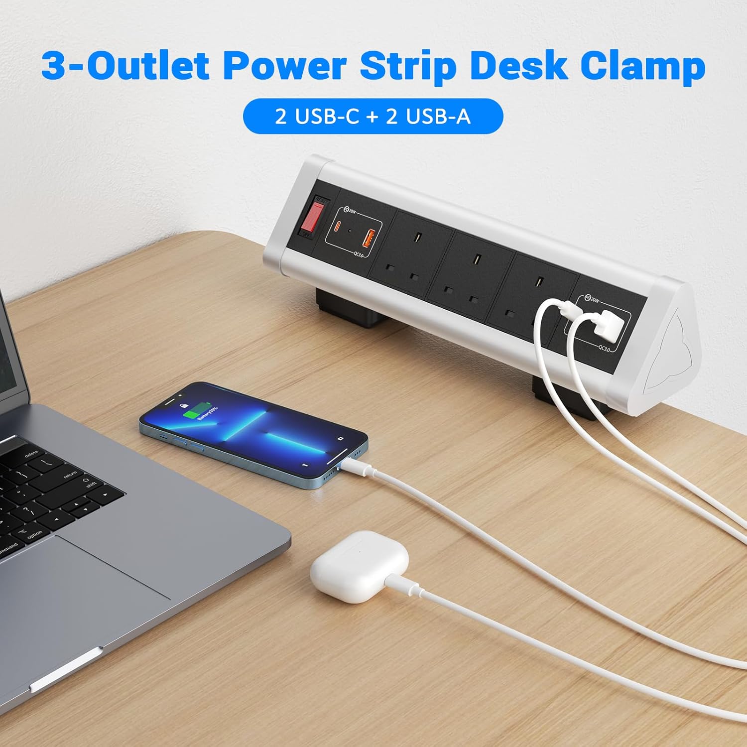 Desk Power Sockets USB C PD 20W, Ohuo Desktop Power Strip Extension Lead 3 Way with 2 USB A and 2 USB C Ports, 1.8m Cord