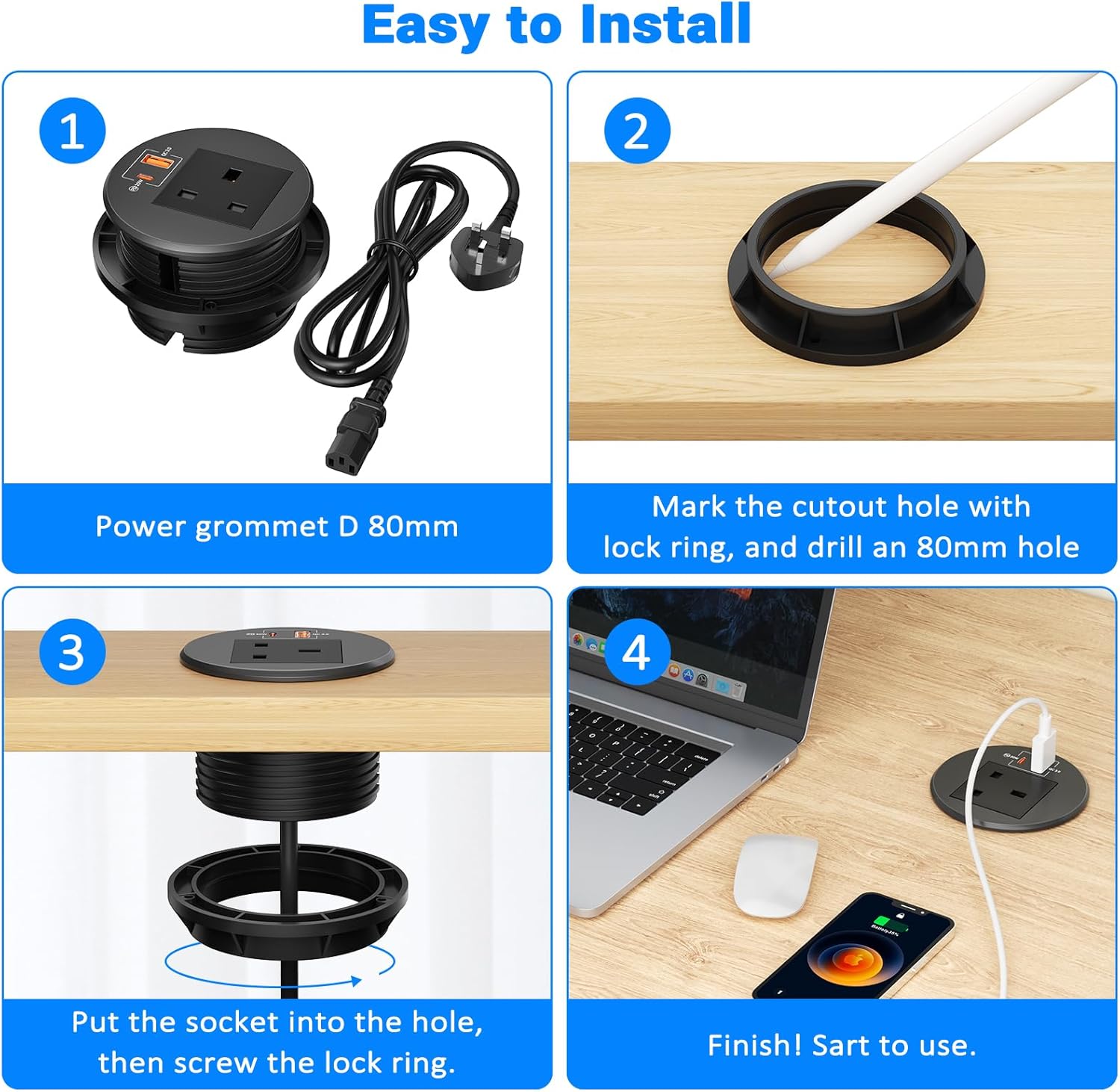 Desktop Power Strip with USB C PD 20W, Ohuo Desk Grommet Power Socket 80mm with 2 USB Ports Hidden Desk Power Socket with 1.8m/6ft Cable, Black