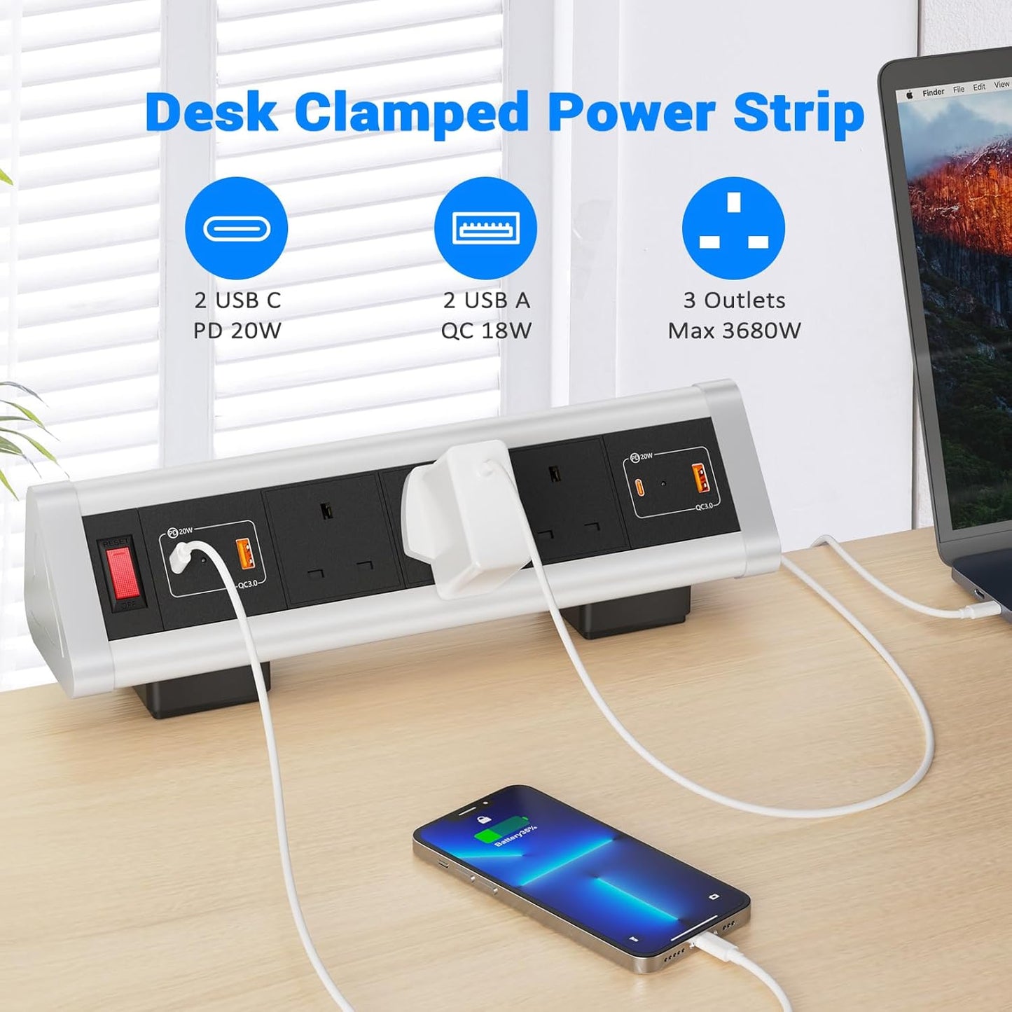 Desk Power Sockets USB C PD 20W, Ohuo Desktop Power Strip Extension Lead 3 Way with 2 USB A and 2 USB C Ports, 1.8m Cord