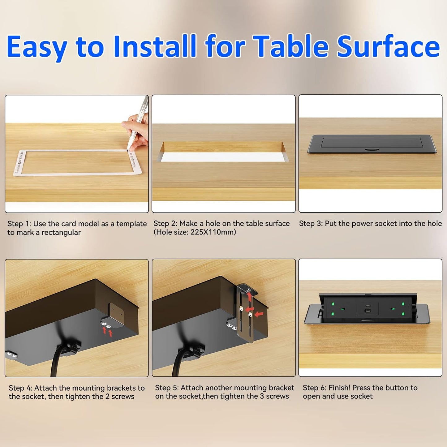 Recessed Desk Power Socket USB C, Ohuo Pop up Sockets for Worktops Hidden Desktop Power Strip with 2 USB, Aluminum