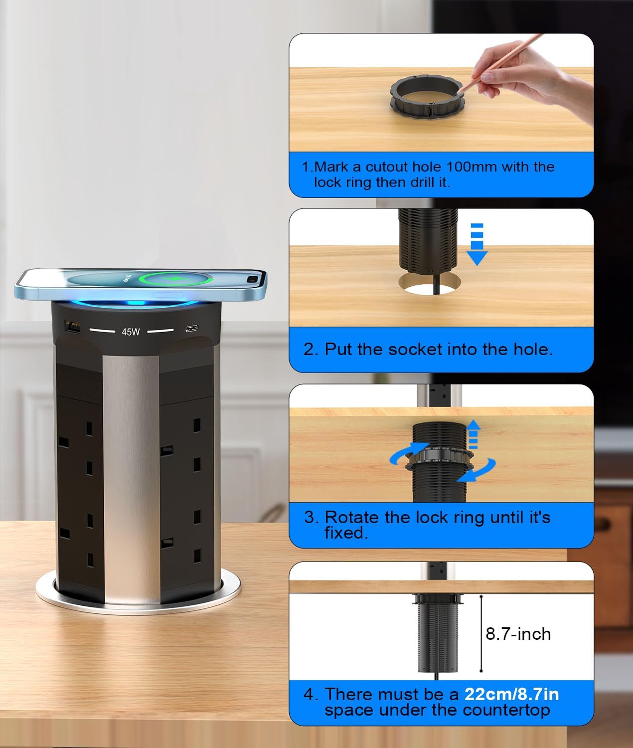 8 Outlet Pop up Socket with 75W USB-C Charging and 15W Wireless Charging, Ohuo 8 Way Pop up Power Strip for Worktops with 4 USB Ports, 100mm