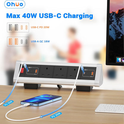 Desk Power Sockets USB C PD 20W, Ohuo Desktop Power Strip Extension Lead 3 Way with 2 USB A and 2 USB C Ports, 1.8m Cord