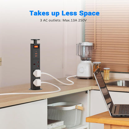 Pull up Power Strip 3 Way with USB C PD 20W and Switch, Ohuo Pull up Power Sockets with 3 USB Ports, Black