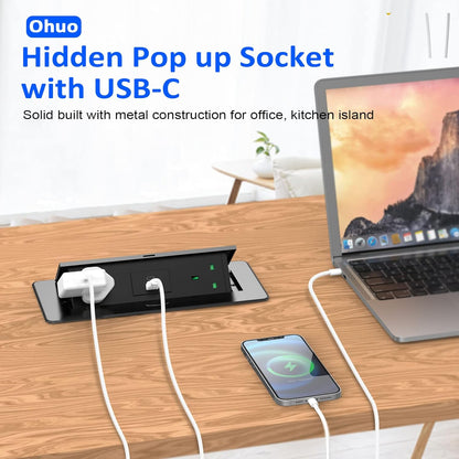 Recessed Desk Power Socket USB C, Ohuo Pop up Sockets for Worktops Hidden Desktop Power Strip with 2 USB, Aluminum