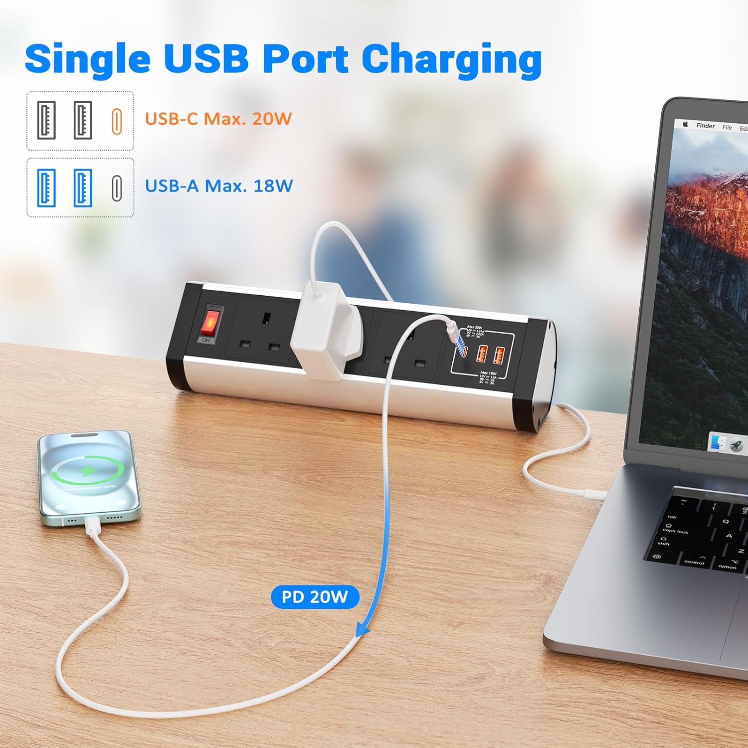 Desk Power Sockets USB C PD 20W, Ohuo Desktop Power Strip Extension Lead 3 Way with 3 USB Slots and Switch, 2m Cable