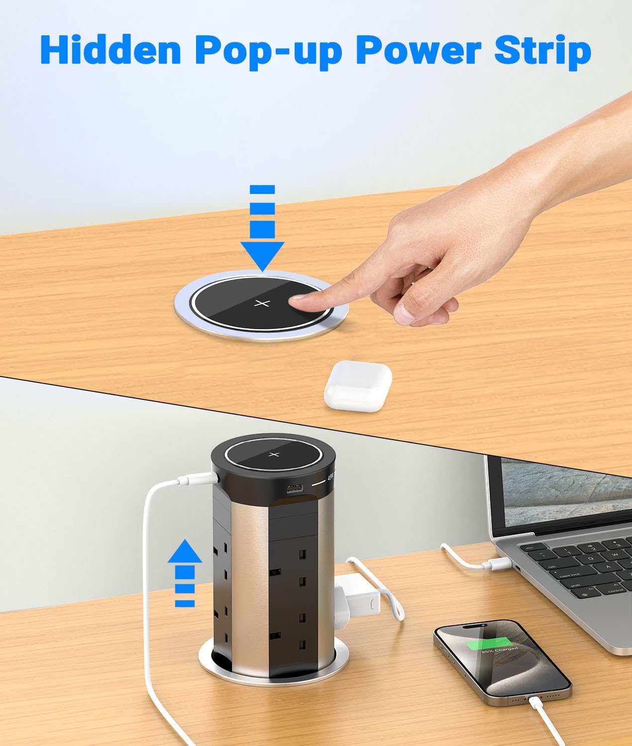 8 Outlet Pop up Socket with 75W USB-C Charging and 15W Wireless Charging, Ohuo 8 Way Pop up Power Strip for Worktops with 4 USB Ports, 100mm