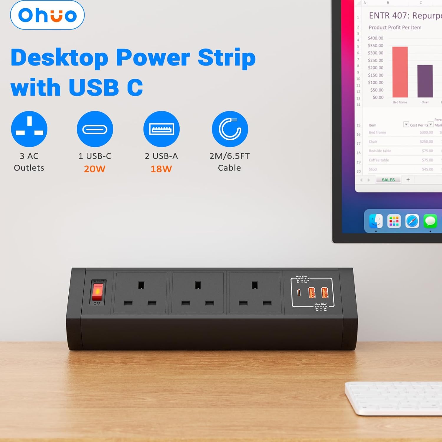 Desk Power Socket 3 Way Extension Lead USB C 20W, Ohuo Desktop Power Strip with 3 USB Ports and Switch, Black