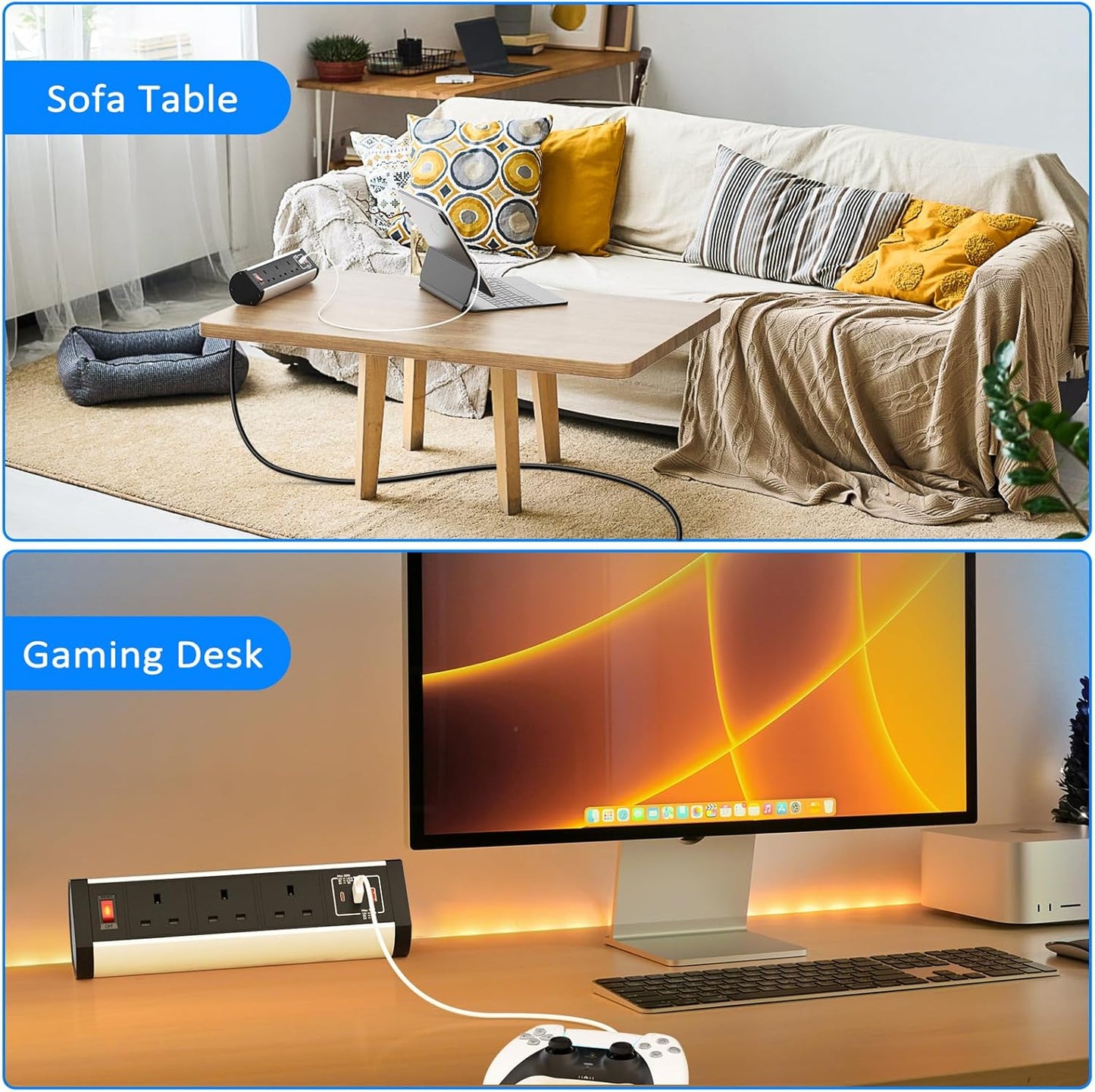 Desk Power Sockets USB C PD 20W, Ohuo Desktop Power Strip Extension Lead 3 Way with 3 USB Slots and Switch, 2m Cable