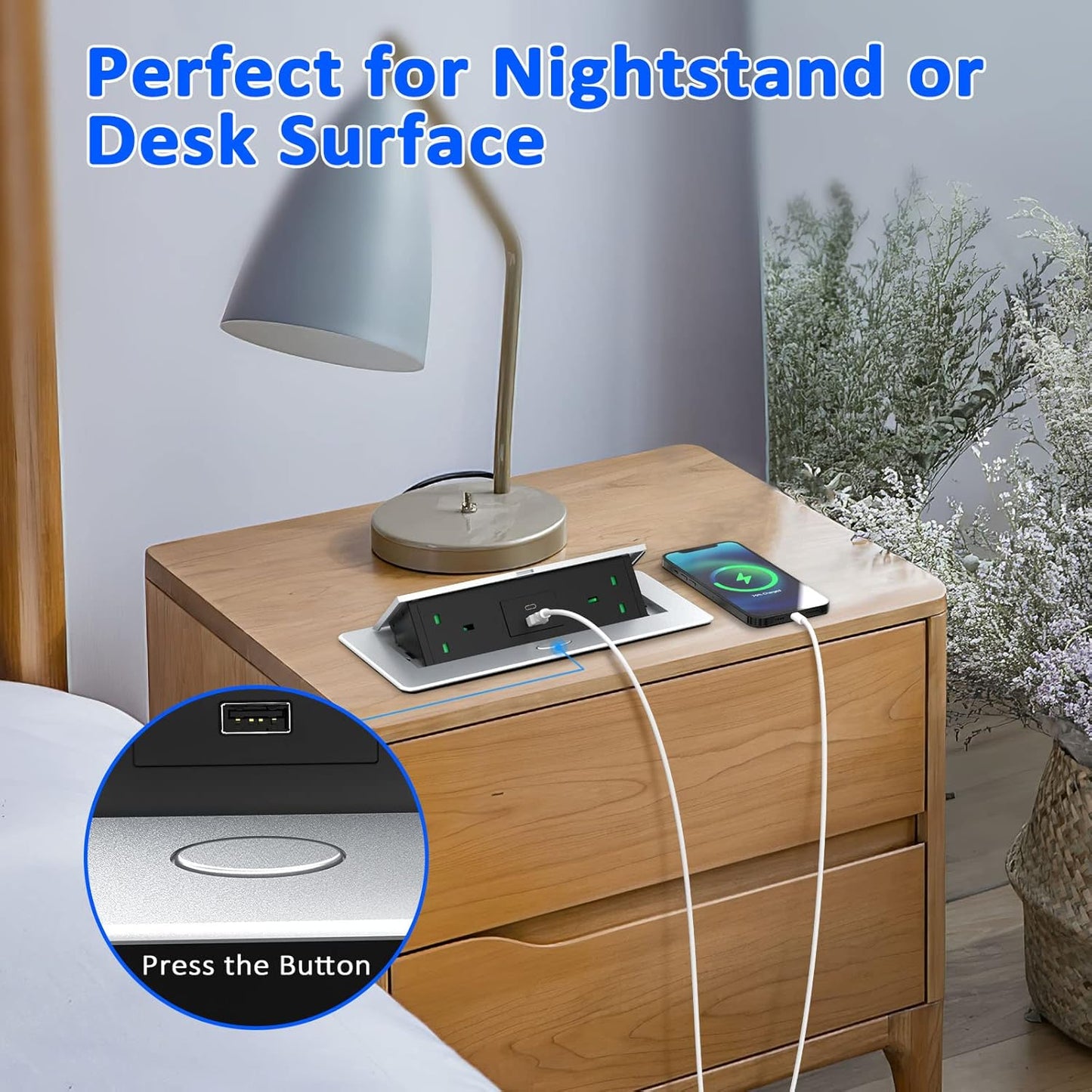 Recessed Desk Power Socket USB C, Ohuo Pop up Sockets for Worktops Hidden Desktop Power Strip with 2 USB, Aluminum